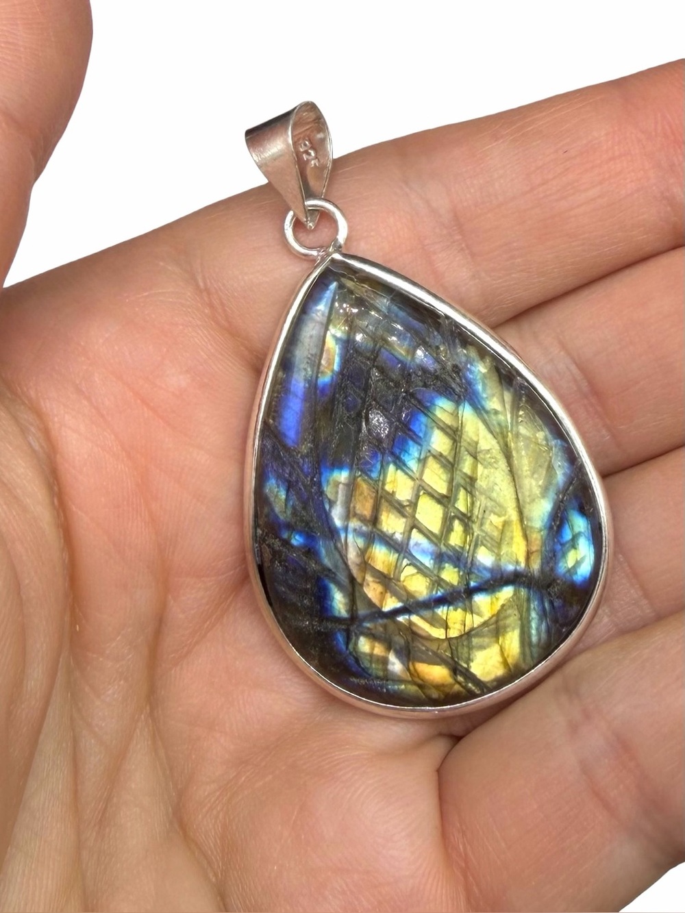 Carved Labradorite Necklace Pendant 925 Sterling Silver Overlay